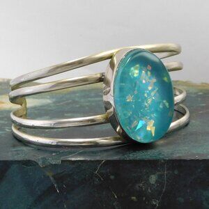Vintage Mexican Cuff Bracelet Alpaca Silver Lucite Glitter Light Blue 7" Retro